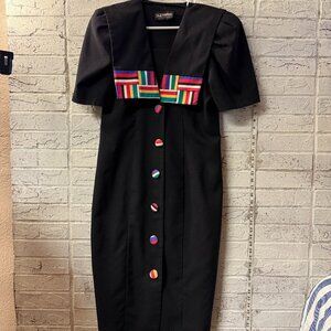 Vintage SL Fashions Black Dress Size 12 – USA Made – Multicolor Striped Accents